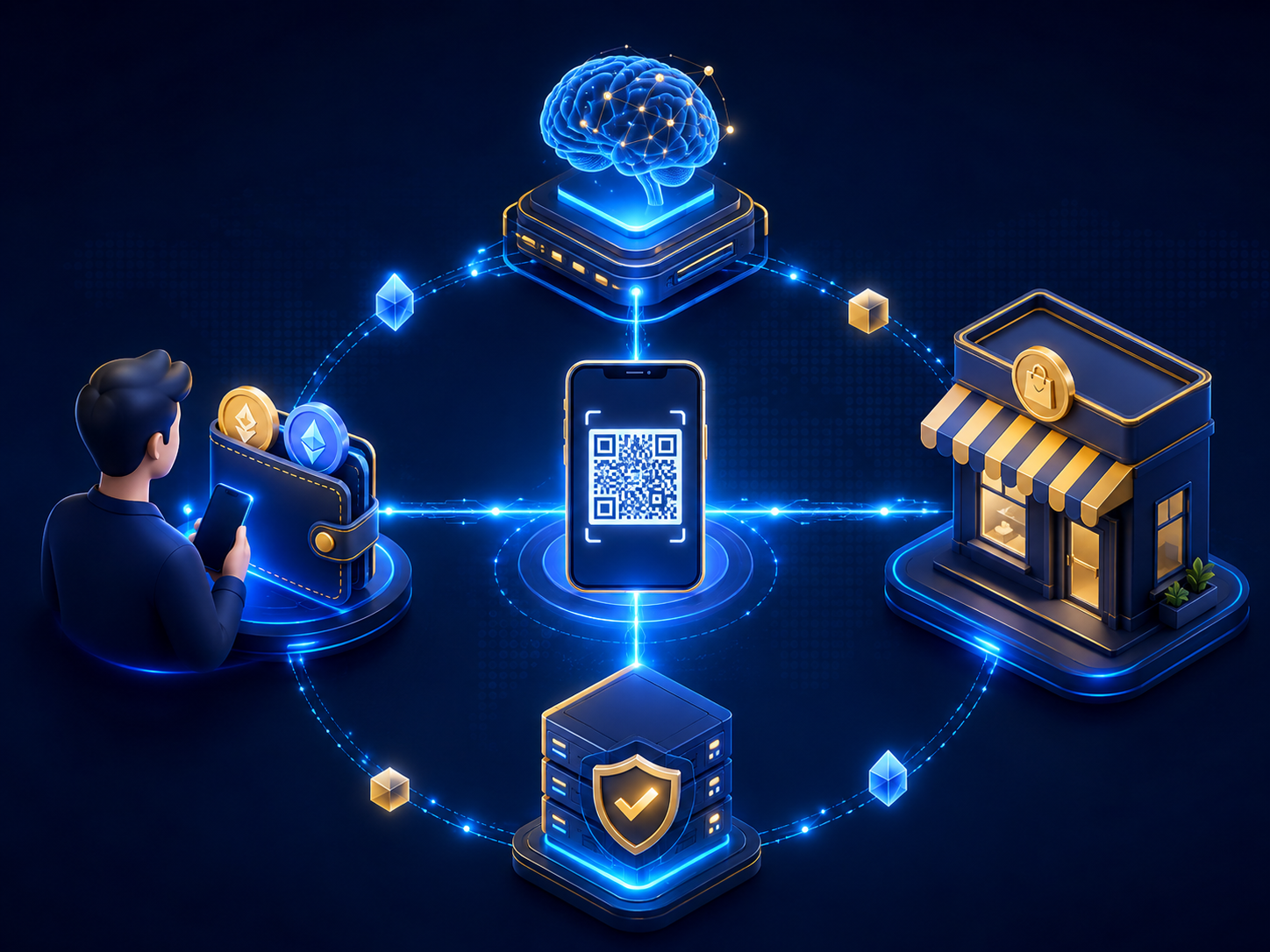 GOLDY payment ecosystem showing wallet, AI engine, payment, security, and merchant
